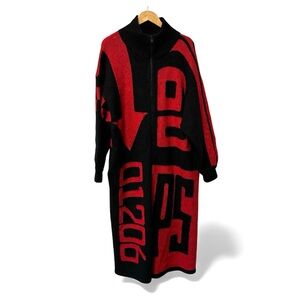 Vintage 80s Duster Cardigan Sweater Euro Graphic Print Red Black IB Sport Medium